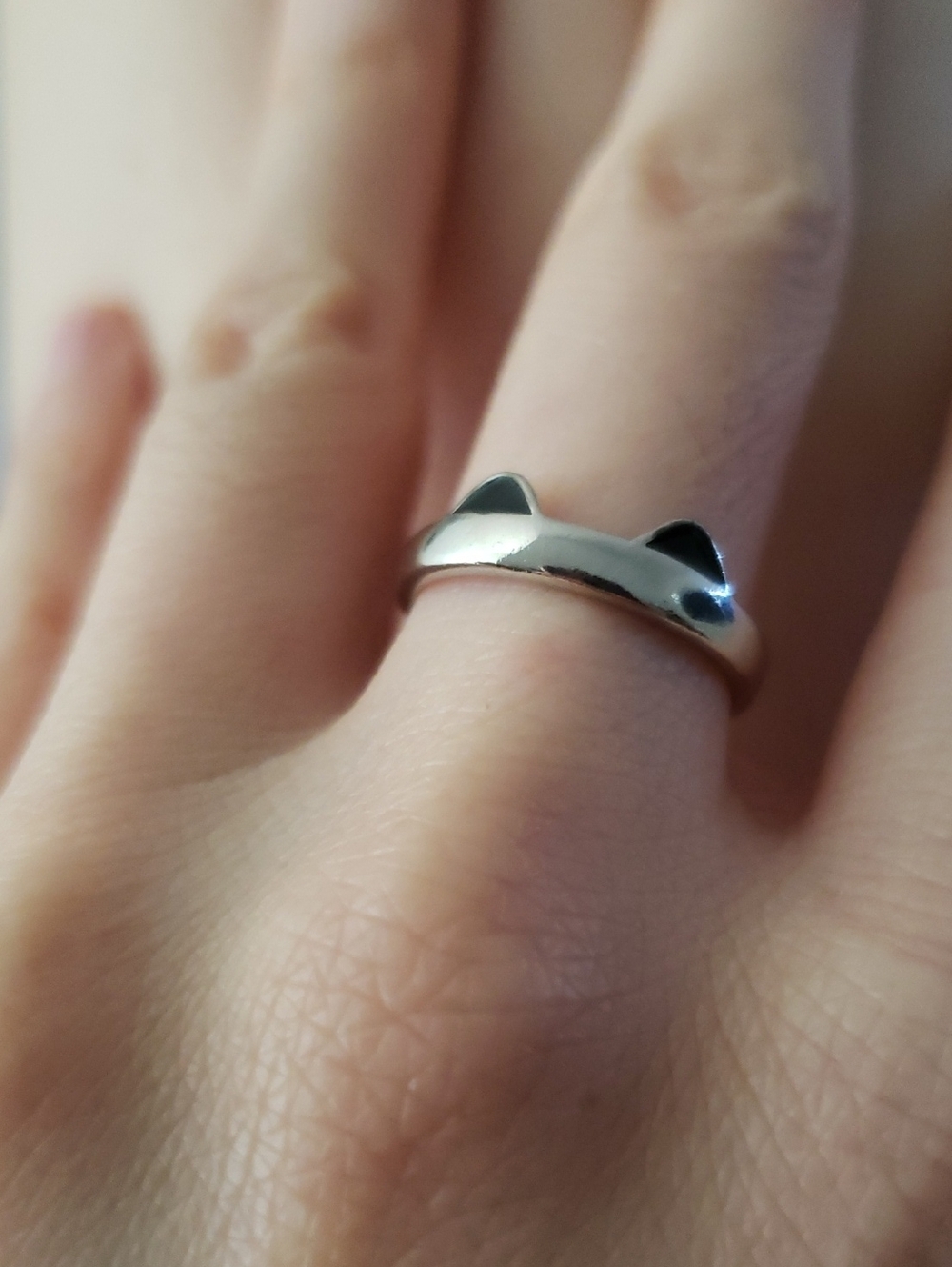 Silver Black Cat Ear Ring Band - Adjustable